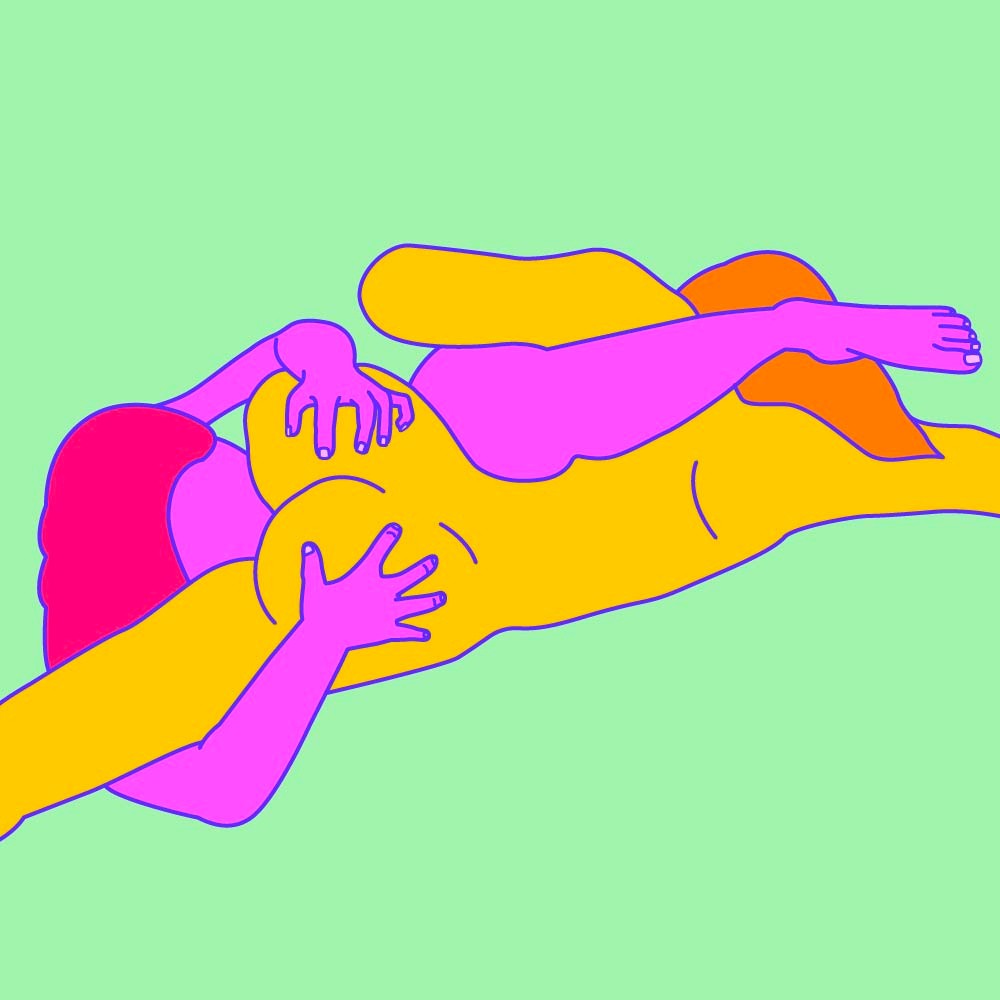 A naked illustrated couple led on the floor in a 69 position.
